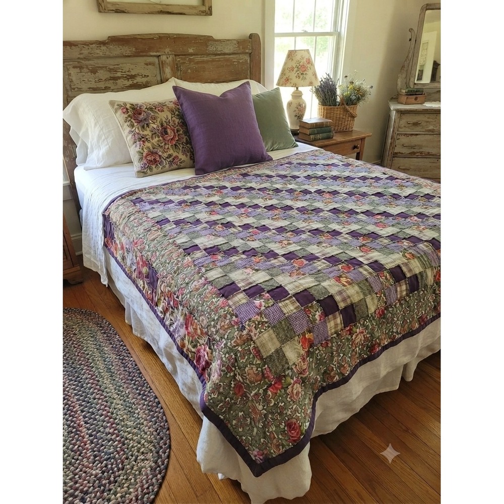 Handmade Vintage Patchwork Quilt Purple Floral Gingham Plaid 81x80 Cottagecore